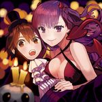  1girl bb_(fate)_(all) bb_(fate/extra_ccc) bikini_top breasts brown_eyes brown_hair candle covered_nipples cravat demon_tail fate/extra fate/extra_ccc fate_(series) hair_ribbon hat kishinami_hakuno_(male) large_breasts lilianess long_hair mini_hat mini_top_hat purple_eyes purple_hair ribbon skull tail top_hat 