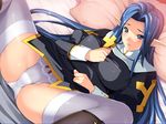  1girl andou_tomoya ass bed blue_eyes blue_hair blush breasts cross cross_necklace elf erect_nipples game_cg highres himekishi_olivia inoino large_breasts legs long_hair looking_at_viewer lying nakano_sora panties pillow pointy_ears solo spread_legs thighs underwear white_legwear 