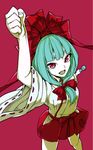  alternate_costume fist_pump green_hair hair_ribbon japanese_clothes kagiyama_hina microphone miko open_mouth red_background red_eyes ribbon solo thupoppo touhou wide_sleeves 