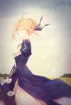  ahoge artoria_pendragon_(all) blonde_hair bloom closed_eyes dress fate/stay_night fate_(series) highres petals profile saber solo vignetting ym_(snovee) 