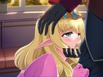  1girl andou_tomoya blonde_hair blue_eyes blush censored crown cum cum_in_mouth deepthroat dress elf fellatio game_cg gloves hand_on_head highres himekishi_olivia inoino laura_elfinrine long_hair nakano_sora oral penis pointy_ears standing 