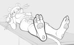  2018 3_toes 4_fingers anthro bedroom_eyes blush breasts censored chopsticks creative_censorship digital_media_(artwork) feline female food half-closed_eyes kaboozey kevin_and_kell leona_mangle_(kevin_and_kell) lion lying mammal monochrome nipples nude nyotaimori on_back pantherine paws playful scar seductive smile solo sushi toes tongue tongue_out whiskers 