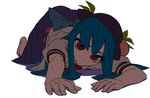  blue_hair food fruit hat hinanawi_tenshi long_hair lying on_stomach peach red_eyes solo thupoppo touhou very_long_hair white_background 