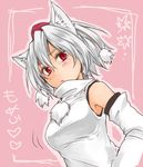  :&lt; animal_ears bare_shoulders blush breasts detached_sleeves hat inubashiri_momiji looking_at_viewer medium_breasts monrooru pom_pom_(clothes) raised_eyebrow red_eyes short_hair silver_hair sketch solo tokin_hat touhou turtleneck wolf_ears 