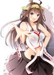  :o adapted_costume ahoge artist_name blush breasts brown_hair cleavage commentary_request dated double_bun highres kantai_collection kongou_(kantai_collection) large_breasts long_hair maid_headdress midriff outstretched_hand purple_eyes skirt solo tebi_(tbd11) tray 