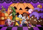  4boys angel animal_ears blonde_hair blue_eyes brown_hair cake candy costume doll eating food gloves grin halloween hat helmet horns jack-o&#039;-lantern jack-o'-lantern kid_icarus kid_icarus_uprising kirby kirby_(series) link lollipop multiple_boys nintendo pikachu pit pit_(kid_icarus) pokemon pumpkin red_eyes short_hair skeleton skull smile stalfos_knight stitches super_smash_bros. tail teeth the_legend_of_zelda wings wizard 