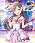  :d cinderella_dream flower frills gloves hair_flower hair_ornament holding idolmaster idolmaster_cinderella_girls jewelry kobayakawa_sae long_hair looking_at_viewer microphone necklace official_art open_mouth see-through smile solo standing tiara 
