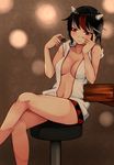  aoshima bar_stool bare_arms black_hair bowl breasts collarbone commentary crossed_legs hand_on_own_cheek highres horns jewelry kijin_seija lips medium_breasts multicolored_hair naked_shirt necklace open_clothes open_shirt pendant red_eyes red_hair shirt sitting solo stool streaked_hair touhou 