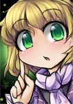  blonde_hair blush close-up flower-shaped_pupils fun_bo green_eyes index_finger_raised looking_at_viewer mizuhashi_parsee open_mouth scarf solo touhou 
