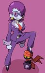  alternate_costume bespectacled blue_skin breasts business_suit cravat earrings formal glasses grin high_heels hoop_earrings jewelry large_breasts lipstick makeup pant_suit purple_hair purple_lipstick red_eyes risky_boots shantae_(series) shenanimation short_hair smile solo_focus stepped_on suit sweatdrop tinkerbat wrist_cuffs 