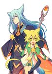  2boys androgynous bad_id bad_pixiv_id blue_eyes blue_hair brooch capelet cat_tail green_eyes green_hair highres jewelry light_blue_hair long_hair multiple_boys nahato_(tales) short_hair smile star star-shaped_pupils symbol-shaped_pupils tail tales_of_(series) tales_of_the_world_reve_unita terun_(tales) wand white_background 