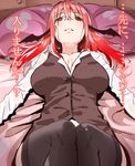  black_legwear breasts commentary_request haruichi head_wings koakuma large_breasts long_hair lying on_back red_eyes red_hair solo sweat thighhighs touhou translated 