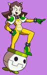  bowser bowser_(cosplay) brown_hair collar cosplay crossover green_eyes hair_slicked_back horns leg_up mario_(series) rockman rockman_dash shenanimation short_hair shoulder_pads solo spiked_collar spikes super_mario_bros. tron_bonne 