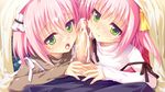  1boy 2girls blush censored cum escude fellatio game_cg green_eyes hanayome_to_maou multiple_girls oral pink_hair pov shidou_miya shidou_nia shiramochi shiromochi_sakura siblings sisters twins 