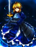  ahoge armor armored_dress artoria_pendragon_(all) blonde_hair dress excalibur fate/stay_night fate_(series) green_eyes hair_ribbon ribbon saber smile solo syn 