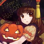  brown_eyes brown_hair fate/extra fate/extra_ccc fate_(series) halloween hat jack-o'-lantern kishinami_hakuno_(female) lilianess long_hair pumpkin solo witch_hat 