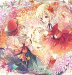  2girls :d :o aki_minoriko aki_shizuha apron autumn_leaves bad_id bad_pixiv_id blonde_hair boots flower food frilled_sleeves frills from_side fruit fruit_punch grapes hair_ornament hat knee_boots leaf leaf_hair_ornament long_sleeves maple_leaf mob_cap multiple_girls open_mouth profile short_hair siblings sisters smile touhou yellow_eyes 