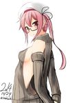  arms_behind_back bad_id bad_pixiv_id breasts dated detached_sleeves from_side glasses harusame_(kantai_collection) hat kantai_collection looking_at_viewer looking_to_the_side nekobaka no_bra open_mouth pink_eyes pink_hair revealing_clothes ribbed_sweater semi-rimless_eyewear side_ponytail sideboob simple_background small_breasts solo sweater turtleneck twitter_username under-rim_eyewear upper_body white_background 