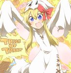  :d arms_up blonde_hair blue_eyes blush bow candy chocolate_bar fairy_wings food ghost_costume hair_bow lily_white lollipop long_hair nobamo_pieruda open_mouth sleeves_past_wrists smile solo touhou trick_or_treat v-shaped_eyebrows wings 