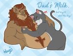  2018 age anthro areola belly cat couple_(disambiguation) difference digital_media_(artwork) duo feeding feline fur hair hazeeal invalid_color lactating lion male male/male mammal mature_male milk moobs navel neko-itoi nipples nude open_mouth overweight overweight_male pantherine simple_background smile text 