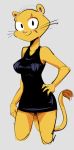  2018 4_fingers anthro black_clothing black_dress breasts clothing dbaru digital_media_(artwork) dress feline female fur hand_on_hip kevin_and_kell leona_mangle_(kevin_and_kell) lion looking_at_viewer mammal pantherine pose scar simple_background smile solo standing whiskers yellow_fur 