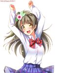  :d arms_up blush bow bowtie brown_hair dated highres long_hair looking_at_viewer love_live! love_live!_school_idol_project minami_kotori open_mouth otonokizaka_school_uniform petticoat school_uniform skirt slip_showing smile solo song_name susume_tomorrow white_background yellow_eyes yu-ta 