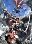  1girl armor cape clenched_teeth dragon fantasy gauntlets helmet junny long_hair looking_back open_mouth original red_hair sharp_teeth shield sky sweat sword teeth thighhighs twintails weapon 