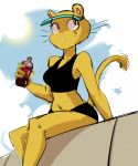  2019 anthro beverage breasts clothing dbaru digital_media_(artwork) feline female fur holding_object kevin_and_kell leona_mangle_(kevin_and_kell) lion looking_aside mammal midriff navel pantherine shorts sitting solo whiskers yellow_fur 