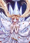  back_bow bad_id bad_pixiv_id bishoujo_senshi_sailor_moon blonde_hair blue_eyes bow crescent crystal dagger double_bun dress earrings facial_mark forehead_mark gem hands_together jewelry long_hair neo_queen_serenity pagaraga petals solo strapless strapless_dress tiara tsukino_usagi twintails weapon white_dress 