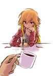  blonde_hair breasts casual chin_rest cleavage coffee_mug cup drink idolmaster idolmaster_cinderella_girls jacket long_hair looking_at_viewer medium_breasts mug multicolored_hair ninomiya_asuka orange_hair out_of_frame plaid pov pov_hands purple_eyes ruuen_rouga solo_focus two-tone_hair 