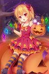  :d alternate_costume amashiro_natsuki bad_id bad_pixiv_id basket black_gloves blonde_hair bow candy collarbone demon_horns demon_tail dress fang flandre_scarlet food frills gloves hair_bow hair_ribbon halloween highres holding horns jack-o'-lantern leg_garter lollipop looking_at_viewer one_side_up open_mouth red_dress red_eyes ribbon sitting smile solo striped striped_legwear tail thighhighs touhou wings zettai_ryouiki 