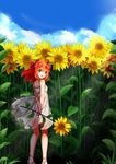  :d bow day dress flower gekkan_shoujo_nozaki-kun hair_bow highres leaf long_hair looking_back mana_(418208360) open_mouth orange_hair polka_dot polka_dot_bow purple_eyes sakura_chiyo see-through smile solo sundress sunflower white_dress 