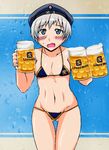  alcohol beer beer_mug bikini blue_eyes blush clothes_writing cup hat holding holding_cup kantai_collection sailor_hat shigeru_(shigel_marv) short_hair silver_hair solo swimsuit z1_leberecht_maass_(kantai_collection) 