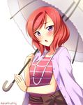  :o blush bracelet casual dated highres jewelry looking_at_viewer love_live! love_live!_school_idol_project necklace nishikino_maki purple_eyes red_hair shirt_on_shoulders short_hair simple_background solo umbrella upper_body white_background yu-ta 