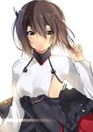  blush breasts brown_hair commentary_request hair_between_eyes headband headgear holding holding_hair kantai_collection lips looking_at_viewer matarou_(genkai_toppa) open_mouth short_hair small_breasts solo taihou_(kantai_collection) yellow_eyes 
