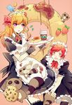  1girl alternate_costume apron bad_id bad_pixiv_id black_legwear blush bow chocolate_chip_cookie coffee cookie crossdressing doughnut enmaided food fruit garter_straps gekkan_shoujo_nozaki-kun hair_bow highres leaf lei_yaya maid maid_headdress mikoshiba_mikoto orange_hair pancake polka_dot polka_dot_bow popsicle purple_eyes red_eyes red_hair sakura_chiyo strawberry striped striped_bow tanuki thighhighs tray zettai_ryouiki 