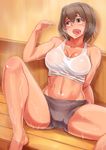  bifidus breasts brown_eyes brown_hair cleavage covered_nipples hair_down heavy_breathing ise_(kantai_collection) kantai_collection large_breasts midriff muscle navel open_mouth sauna see-through short_hair shorts sitting solo spread_legs sweat tank_top tongue 