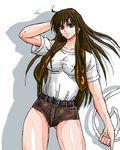  bad_id bad_pixiv_id breasts brown_eyes brown_hair casual chun-li covered_nipples earrings hair_down hand_in_hair jewelry large_breasts long_hair lowres no_bra oekaki ribbon shirt short_shorts shorts smile solo street_fighter street_fighter_ii_(series) t-shirt taut_clothes taut_shirt thighs wajurimosugaba 