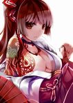  breast_tattoo breasts highres iron_(huyiyang) japanese_clothes kimono large_breasts long_hair looking_at_viewer original simple_background solo tattoo white_background 