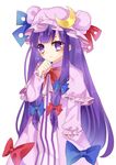  absurdres bow hair_bow hair_ribbon hat highres kyouda_suzuka long_hair looking_at_viewer mob_cap patchouli_knowledge purple_eyes purple_hair ribbon simple_background solo touhou very_long_hair white_background 