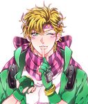  blonde_hair bow caesar_anthonio_zeppeli finger_to_mouth green_eyes jojo_no_kimyou_na_bouken lowres male_focus one_eye_closed scarf scarf_bow solo striped striped_scarf yue_(lililala) 