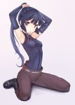  adjusting_hair akatsuki_(log_horizon) alternate_breast_size armpits arms_up bangs black_hair breasts detached_sleeves log_horizon long_hair looking_at_viewer mouth_hold pants ponytail purple_eyes ryuinu sitting small_breasts solo wariza 