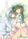  :o animal_hood blue_hair bunny_hood cat_hood cirno closed_eyes daiyousei fairy_wings finger_to_mouth green_eyes green_hair hair_over_breasts hat hat_with_ears highres hood ice ice_wings kneehighs knees_together_feet_apart leaning_on_person long_hair mimoto_(aszxdfcv) multiple_girls pajamas shushing sleeping smile socks striped striped_legwear touhou translated wings 