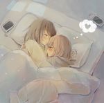  blanket blush brown_eyes brown_hair cellphone closed_eyes clothes_on_bed commentary foomi futon heart hug lying multiple_girls on_side original pajamas phone pillow short_hair sleeping smartphone spoken_heart sweater thought_bubble under_covers window_shade yuri 