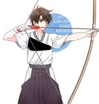  aldnoah.zero archery arrow bow_(weapon) brown_eyes brown_hair drawing_bow gloves hakama holding holding_arrow holding_bow_(weapon) holding_weapon japanese_clothes kaizuka_inaho kyuudou male_focus muneate naguy_(nagui) partly_fingerless_gloves solo weapon yugake 