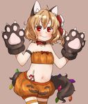  &gt;:) amonitto animal_ears bandeau bare_shoulders blonde_hair blush bow candy cat_ears cat_paws claws collar fang fang_out flandre_scarlet food gloves hair_bow halloween halloween_costume jack-o'-lantern lollipop looking_at_viewer midriff navel paw_gloves paws pumpkin_shorts red_eyes ribbon-trimmed_underwear ribbon_trim side_ponytail smile solo strapless striped striped_legwear tail thighhighs touhou underwear v-shaped_eyebrows wolf_ears wolf_tail 