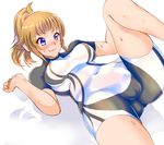  bad_id bad_pixiv_id blue_eyes blush bodysuit breasts brown_hair gundam gundam_build_fighters gundam_build_fighters_try hoshino_fumina koucha_maru large_breasts lying navel on_back ponytail scrunchie short_hair smile solo sweat wavy_mouth 