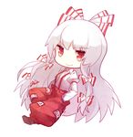  &gt;:) arm_garter baggy_pants chibi cuivre fujiwara_no_mokou full_body hair_ribbon hands_in_pockets long_sleeves looking_at_viewer lowres no_nose pants puffy_long_sleeves puffy_sleeves red_eyes red_pants ribbon shirt slit_pupils smile solo suspenders touhou tress_ribbon v-shaped_eyebrows white_background white_hair white_shirt 