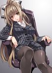  alternate_color amagi_brilliant_park antenna_hair black_legwear breasts brown_eyes brown_hair business_suit chair empty_eyes feet_out_of_frame formal hair_intakes large_breasts long_hair long_sleeves matsuryuu office_chair pantyhose parted_lips pencil_skirt pinstripe_suit ponytail sento_isuzu shiny shiny_clothes sitting skirt skirt_suit solo stress striped suit sweatdrop tired vertical_stripes 