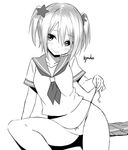  blush character_name greyscale monochrome no_pants original panties pleated_skirt school_uniform serafuku short_hair simple_background skirt skirt_removed sky_(freedom) smile solo ueno_kyouko underwear untying white_background white_panties 